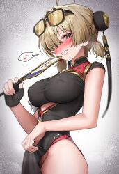 1girl absurdres ahoge black_dress black_gloves blonde_hair breasts character_request china_dress chinese_clothes covered_erect_nipples cutout_above_navel dress eyewear_on_head fingerless_gloves gloves gradient_background green_tea_(matchaistasty) grey_background hand_fan highres holding holding_fan large_breasts looking_at_viewer pelvic_curtain purple_eyes short_hair smile solo sunglasses sweat zenless_zone_zero