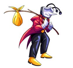 1boy ant_tenna antennae bindle black_pants deltarune frown gloves highres long_sleeves male_focus meme necktie object_head ottoillustrates over_shoulder pants pointy_nose sad_ant_with_bindle_(meme) shoes tailcoat white_gloves yellow_necktie yellow_shoes