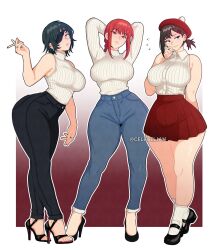 3girls alternate_breast_size alternate_costume arms_behind_head arms_up asymmetrical_hair averting_eyes bare_shoulders beret black_eyes black_hair black_pants blush braid braided_ponytail breasts buttons celebelian chainsaw_man cigarette collared_shirt denim ear_piercing embarrassed eyepatch flying_sweatdrops gradient_background hair_ornament hairclip hand_on_own_cheek hand_on_own_face hat higashiyama_kobeni high_heels highres himeno_(chainsaw_man) holding holding_cigarette jeans jewelry large_breasts light_blush long_hair looking_at_viewer looking_to_the_side makima_(chainsaw_man) mary_janes mole mole_under_eye multiple_girls multiple_moles nose_blush pants parted_lips piercing pleated_skirt pom_pom_(clothes) ponytail red_hair red_skirt ring ringed_eyes shirt shoes short_hair simple_background skirt sleeveless sleeveless_shirt sleeveless_sweater sleeveless_turtleneck_sweater socks striped_clothes striped_shirt sweat sweater thick_thighs thighs turtleneck turtleneck_sweater twitter_username vertical-striped_clothes vertical-striped_shirt white_background white_shirt white_socks white_sweater wide_hips yellow_eyes