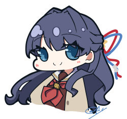 1girl absurdres blue_eyes blue_hair blue_ribbon blush brown_cardigan brown_dress c: cardigan chibi chibi_only closed_mouth commentary_request dress hair_ornament hair_ribbon half_updo hasu_no_sora_school_uniform highres link!_like!_love_live! long_hair long_sleeves looking_at_viewer love_live! mole mole_on_neck murano_sayaka neckerchief oofushi_ao open_cardigan open_clothes red_neckerchief red_ribbon ribbon sailor_collar sailor_dress school_uniform signature smile solo star_(symbol) star_hair_ornament virtual_youtuber white_background white_sailor_collar winter_uniform