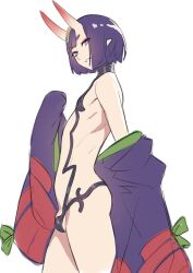 1boy bare_shoulders black_fundoshi bob_cut bugle cowboy_shot eyeliner fate/grand_order fate_(series) fundoshi genderswap genderswap_(ftm) headpiece highres horns instrument japanese_clothes kimono looking_at_viewer makeup male_focus mokotoko9 oni open_clothes open_kimono purple_eyes purple_hair purple_kimono revealing_clothes short_eyebrows short_hair shuten_douji_(fate) simple_background skin-covered_horns smile solo trap white_background