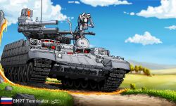 1girl android animal_ears anti-tank_missile blue_sky blurry bmpt_terminator cannon cat_ears cat_girl cat_tail caterpillar_tracks depth_of_field dirt_road grass hans_(pixiv_37537768) highres mecha_musume military_vehicle motor_vehicle mountainous_horizon original reactive_armor road robot_ears robot_girl russian_flag russian_ground_forces signature sky solo tail tank tree vehicle_focus