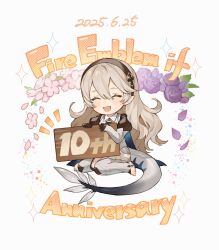 1girl ai_tkkm armor barefoot black_hairband blue_cape blush breasts cape closed_eyes dragon_girl dragon_tail female_corrin_(fire_emblem) fire_emblem fire_emblem_fates flower gloves grey_hair hair_between_eyes hair_ornament hairband highres long_hair nintendo open_mouth pointy_ears smile solo tail white_hair