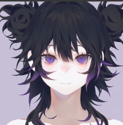 Rule 34 | 1girl, 23i2ko, :|, aegyo sal, black hair, blunt bangs, closed mouth, colored tips, hair between eyes, hair over shoulder, looking at viewer, messy hair, multicolored hair, original, pink background, purple eyes, simple background, solo, two side up, upper body