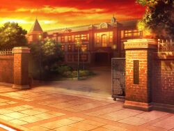 artist_request bush cloud game_cg lamppost magia_record:_mahou_shoujo_madoka_magica_gaiden mahou_shoujo_madoka_magica no_humans official_art orange_sky outdoors path road scenery school sidewalk sky sunset tree