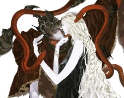 1boy 1girl animal arms_up bat_wings black_dress blonde_hair bracelet braid closed_eyes colored_eyelashes commentary curled_fingers dress elden_ring elden_ring:_shadow_of_the_erdtree gold_bracelet green_eyes hair_ornament hashtag-only_commentary helm helmet highres jewelry kiss kissing_hand messmer_the_impaler mother_and_son parted_lips queen_marika_the_eternal red_hair red_shawl red_snake shawl simple_background single_braid snake tiara upper_body wavy_hair white_background wings xscr1205