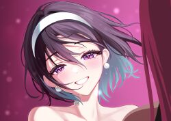 2girls absurdres alien_stage bibixart black_hair blush commentary earrings english_commentary hairband highres jewelry mizi_(alien_stage) multiple_girls neck_tattoo pearl_earrings pink_background pink_hair purple_eyes short_hair smile solo_focus sphere_earrings sua_(alien_stage) tattoo white_hairband