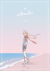 1girl absurdres alternate_color blonde_hair bodysuit boots braid from_side full_body gradient_sky highres long_hair mask mouth_mask nintendo outdoors player_2 red_eyes red_scarf reverse_trap scarf sheik shore sky solo super_smash_bros. the_legend_of_zelda the_legend_of_zelda:_ocarina_of_time turban very_long_hair water white_mask yasaikakiage