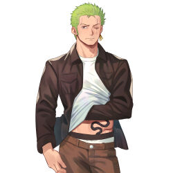 1boy absurdres alternate_costume brown_pants brown_shirt chinese_zodiac closed_mouth clothes_lift cowboy_shot earrings gold_earrings green_hair highres jewelry long_sleeves looking_at_viewer male_focus male_underwear one_eye_closed one_piece open_clothes open_shirt pants roronoa_zoro scar scar_across_eye scar_on_face shirt shirt_lift short_hair snake_tattoo solo stnutt stomach_tattoo tattoo underwear white_background white_male_underwear white_shirt year_of_the_snake