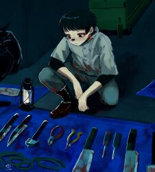 Rule 34 | 1boy, 4rane tu, bandaid, bandaid on face, bandaid on nose, black boots, black eyes, black hair, black undershirt, blood, blood on clothes, boots, cleaver, closed mouth, commentary request, earrings, highres, jewelry, knife, lantern, male focus, on one knee, original, pants, pliers, rope, shirt, solo, tools, trash bag