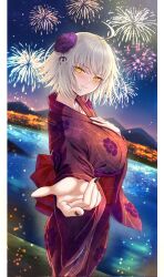 1girl alternate_costume black_nails blush breasts closed_mouth commentary_request fate/grand_order fate_(series) fireworks floral_print from_side hair_ornament hand_on_own_chest highres japanese_clothes jeanne_d&#039;arc_alter_(fate) kimono large_breasts long_sleeves looking_at_viewer looking_to_the_side nail_polish night outdoors outstretched_hand penguintake red_kimono red_sash sash short_hair smile solo water white_hair yellow_eyes