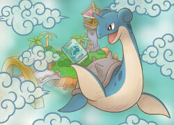 Rule 34 | absurdres, animal focus, artist request, black eyes, book, bridge, bright pupils, bush, cloud, full body, gen 1 pokemon, grass, highres, holding, holding book, island, lapras, nintendo, no humans, official art, open mouth, palm tree, pokemon, pokemon (creature), pokemon focus, pokemon mystery dungeon, pokemon super mystery dungeon, smile, solo, third-party source, tower, tree, white pupils