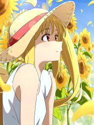 1girl absurdres bare_arms bare_shoulders blonde_hair blush bocchi_the_rock! closed_mouth cloud commentary_request day dress field flower flower_field from_side hat highres ijichi_nijika long_hair mayo_(oekaki_bibbi) outdoors red_eyes sleeveless sleeveless_dress smile solo straw_hat sun_hat sundress sunflower upper_body white_dress yellow_flower