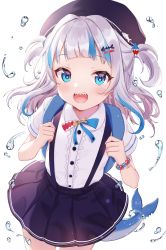 1girl :d absurdres backpack bag beret black_hat black_skirt blue_eyes blue_hair blush collared_shirt commentary_request dress_shirt fins fish_tail gawr_gura hair_ornament hairclip hat highres holding_strap hololive hololive_english long_hair looking_at_viewer multicolored_hair open_mouth pleated_skirt pn_(wnsl216) school_uniform shark_tail sharp_teeth shirt short_sleeves silver_hair simple_background skirt smile solo streaked_hair suspender_skirt suspenders tail teeth two_side_up virtual_youtuber water_drop white_background white_shirt