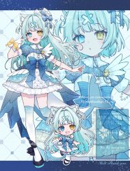 1girl :d absurdres black_shoes blue_bow blue_eyes blue_hair blue_thighhighs blush borrowed_character bow chibi commentary commission dress fang frilled_dress frills full_body glove_bow gloves gradient_legwear grid_background hand_up hat hat_bow heterochromia highres jikuno long_hair looking_at_viewer open_mouth original outline shoes short_sleeves single_glove skeb_commission skin_fang smile standing thighhighs top_hat twitter_username v watermark white_background white_dress white_gloves white_hat white_outline white_thighhighs yellow_eyes zettai_ryouiki zoom_layer
