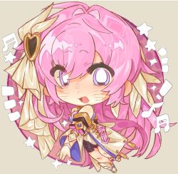1girl black_shorts chibi chibi_only chinese_commentary commentary_request commission corset elysia_(herrscher_of_human:_ego)_(honkai_impact) elysia_(honkai_impact) gloves highres honkai_(series) honkai_impact_3rd long_hair musical_note open_mouth pink_hair purple_hair shorts simple_background solo star_(symbol) veil very_long_hair white_corset white_gloves white_veil yeming_(yeming66410)