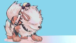 1girl animal_collar arcanine artist_name backpack bag black_hair black_shorts blue_background bouro73 collar commentary covered_eyes creatures_(company) earrings fangs fluffy full_body game_freak gen_1_pokemon grey_eyes hat highres jewelry kris_(pokemon) long_sleeves medium_hair nintendo pokemon pokemon_(creature) pokemon_adventures red_bag reflective_floor riding riding_pokemon shirt shorts star_(symbol) star_earrings symbol-only_commentary tail twintails two-tone_shorts white_fur white_shirt yellow_hat yellow_shorts