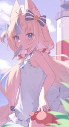 Rule 34 | 1girl, absurdres, ahoge, animal ear fluff, animal ears, bare arms, bare shoulders, blonde hair, blue eyes, blue hair, blue sailor collar, blunt bangs, bow, braid, cat ears, cloud, commentary, day, dress, flat chest, food, food in mouth, frilled shirt collar, frills, hair bow, hashtag-only commentary, highres, indie virtual youtuber, kaniki (sameko saba), klaius, lifebuoy hair ornament, long hair, looking at viewer, low twin braids, mouth hold, multicolored hair, one side up, outdoors, popsicle, popsicle in mouth, sailor collar, sailor dress, sameko saba, scrunchie, sleeveless, sleeveless dress, solo, streaked hair, twin braids, two-tone hair, very long hair, virtual youtuber, white dress, wrist scrunchie