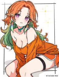 1girl asami-chan breasts choker earrings feather_earrings feathers gradient_hair green_choker green_hair highres hololive hololive_english jewelry large_breasts leaning_forward long_hair looking_at_viewer mole mole_on_breast multicolored_hair off_shoulder orange_hair orange_shorts orange_sweater parted_lips purple_eyes shorts sitting solo sweater takanashi_kiara thigh_strap thighs very_long_hair virtual_youtuber wavy_hair white_background