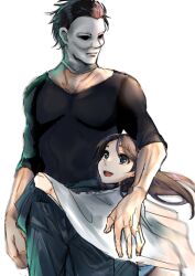 1boy 1girl 1kouj1_yaeko 2019 age_difference brown_hair halloween_(movie) height_difference hug jamie_lloyd loli michael_myers older_man_and_younger_girl panties size_difference uncle_and_niece underwear white_background white_mask white_panties