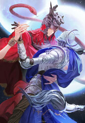 1boy 1girl animal armor black_hair blue_cape breastplate cape closed_mouth commentary_request dancing elden_ring elden_ring:_shadow_of_the_erdtree full_armor hand_on_another&#039;s_hip helm helmet highres holding_hands karasuba_yomi long_hair looking_at_another messmer_the_impaler moon one_eye_closed red_cape red_hair red_snake rellana_twin_moon_knight signature snake twitter_username yellow_eyes