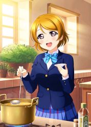 1girl aqua_bow artist_name artist_request blue_bow blue_cardigan blue_jacket blue_skirt blush bow bowtie breasts brown_hair cardigan checkered_clothes checkered_skirt collared_shirt female_focus hair_between_eyes holding indoors jacket kitchen koizumi_hanayo long_sleeves love_live! love_live!_school_idol_festival love_live!_school_idol_project miniskirt otonokizaka_school_uniform oven plaid_clothes plaid_skirt pleated pleated_skirt pot purple_eyes school_uniform shirt short_hair skirt small_breasts solo striped_bow sunlight table white_shirt window