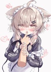 1boy 1girl 1other absurdres ahoge animal_ear_fluff animal_ears apron ashiyu0330 black_jacket blush brown_eyes brown_hair finger_in_another&#039;s_mouth frilled_apron frills grey_background hair_between_eyes hair_intakes hair_ornament hairclip heart highres jacket licking licking_finger long_hair long_sleeves looking_at_viewer mafuyu_(vrchat) maid maid_apron maid_headdress nose_blush puffy_long_sleeves puffy_sleeves saliva simple_background sleeves_past_wrists solo_focus strap_slip sweat tongue tongue_out track_jacket unconventional_maid vrchat white_apron white_background