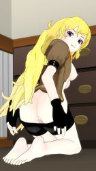 1girl 3d anus ass barefoot blonde_hair breasts drawer feet fingerless_gloves gloves highres jacket long_hair looking_at_viewer lvl3toaster nipples open_clothes open_jacket purple_eyes pussy rwby scarf short_shorts short_sleeves shorts sideboob soles toes uncensored yang_xiao_long
