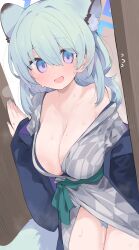 1girl absurdres animal_ears bath_yukata blue_archive breasts cleavage halo highres japanese_clothes kimono large_breasts looking_at_viewer mikozin official_alternate_costume shigure_(blue_archive) shigure_(hot_spring)_(blue_archive) solo weasel_ears yukata