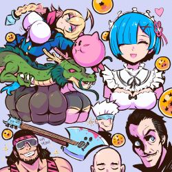 4boys 5girls akairiot artist_self-insert ass bald beard black_hair blazblue blindfold blonde_hair blue_eyes blue_hair braid breasts claws closed_eyes commentary cropped_torso crossover dragon dragon_ball dragon_ball_(object) english_commentary es_(xblaze) facial_hair frills glint gojou_satoru hair_between_eyes hair_ornament hair_over_one_eye hairclip heart highres jujutsu_kaisen kirby kirby_(series) large_breasts medium_breasts multiple_boys multiple_girls mustache nintendo open_mouth purple_background re:zero_kara_hajimeru_isekai_seikatsu real_life rem_(re:zero) shenron_(dragon_ball) smile sunglasses tongue tongue_out white_hair wwe xblaze