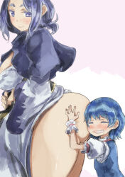 2girls ass bare_legs blue_capelet blue_hair blue_vest breasts capelet cleavage clothes_lift clothing_aside dress dress_aside dress_lift frilled_sleeves frills hands_on_another&#039;s_ass happy head_on_ass height_difference huge_ass kumoi_ichirin large_breasts multiple_girls puffy_short_sleeves puffy_sleeves short_hair short_sleeves smile tatara_kogasa touhou vest yohane yuri