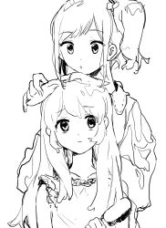 2girls :o aikatsu! aikatsu!_(series) bad_id bad_twitter_id bow frown greyscale hair_bow hair_brush highres holding holding_hair_brush hoshimiya_ichigo inactive_account kiriya_aoi long_hair looking_at_another monochrome multiple_girls side_ponytail simple_background suiso_(owp) upper_body white_background