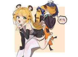 2girls absurdres ahoge animal_ear_fluff animal_ears animal_print armpit_peek belle_(zenless_zone_zero) black_gloves blue_bow blue_hair blue_nails blush blush_stickers border bow bracelet breasts brown_hair chinese_clothes closed_eyes closed_mouth collared_shirt elbow_gloves fang feet fingerless_gloves gloves green_eyes grey_shirt hand_on_another_tail high-waist_shorts highres jewelry ju_fufu long_hair looking_at_another maru039 multicolored_hair multicolored_nails multiple_girls nail_polish orange_background orange_hair outside_border pantyhose paw_pose red_nails shirt shorts sitting skin_fang sleeveless sleeveless_shirt small_breasts smile socks speech_bubble streaked_hair tail tail_bow tail_on_face tail_ornament thigh_strap thighs tiger_ears tiger_girl tiger_print tiger_tail tongue very_long_hair white_border white_hair white_pantyhose white_socks yellow_nails zenless_zone_zero