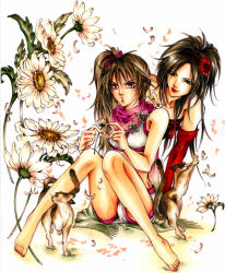 barefoot brown_eyes brown_hair cat crop_top detached_sleeves fingernails flower hairband kaihime kunoichi_(sengoku_musou) legs lips lipstick makeup nail_polish ninja over_shoulder petals pursed_lips scarf sengoku_musou short_shorts shorts side_ponytail sitting smile thighs toes wide_hips