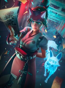 Rule 34 | 2girls, 3boys, 3d, absurdres, bow, brigitte (overwatch), doomfist (overwatch), facial mark, fingerless gloves, fox, genji (overwatch), gloves, glowing, glowing eyes, green eyes, green hair, hanzo (overwatch), highres, ingyuarts, japanese clothes, kimono, kiriko (overwatch), looking at viewer, mask, multiple boys, multiple girls, ninja, ofuda, overwatch, ponytail, white kimono