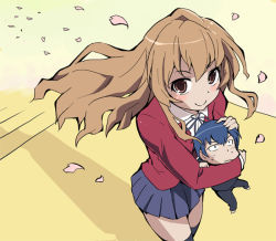 1boy 1girl aisaka_taiga brown_eyes brown_hair hetero hug kubocha long_hair mini_person miniboy school_uniform takasu_ryuuji toradora!