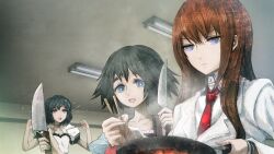 1boy 2girls alternate_costume apron aqua_eyes black_apron black_frills black_hair black_trim blue_dress blue_eyes breasts brown_hair brown_jacket choker coat collar collarbone collared_shirt cooking dress enmaided fingernails flying_sweatdrops frilled_apron frilled_collar frills frown frying_pan future_gadget_lab game_cg hair_between_eyes hair_ornament hair_over_shoulder hairclip happy highres holding holding_knife holding_pan huke indoors jacket jacket_under_coat jitome kitchen kitchen_knife knife lab_coat lapels maid makise_kurisu medium_hair multiple_girls necktie notched_lapels official_art open_mouth pink_apron pink_eyes pink_frills pink_lips puffy_short_sleeves puffy_sleeves purple_eyes purple_trim red_necktie ribbon_choker ringed_eyes shiina_mayuri shiny_lips shirt short_sleeves skull_hair_ornament small_breasts square_pupils steins;gate tareme teeth tongue trap upper_teeth_only urushibara_ruka white_coat white_shirt worried