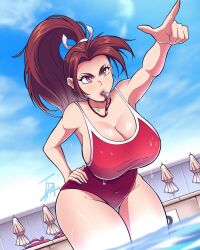 Rule 34 | 1girl, blue sky, breasts, brown eyes, brown hair, cleavage, cloud, fatal fury, highres, huge breasts, long hair, one-piece swimsuit, pool, shiranui mai, sky, swimsuit, tda 611, the king of fighters, wet, whistle, whistle around neck, wide hips
