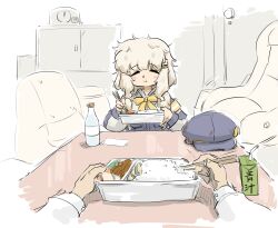 Rule 34 | 1girl, 2boys, aoba (blue archive), armband, bento, blonde hair, blue archive, blush, blush stickers, bow, chopsticks, closed eyes, closed mouth, eating, hair ornament, hairclip, hat, holding, holding chopsticks, juice box, long hair, messy hair, multiple boys, newsboy cap, ohyo, pov, rice, unworn hat, unworn headwear