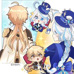 Rule 34 | 1boy, 1girl, aether (genshin impact), ahoge, alternate hairstyle, arm armor, armor, artist name, asymmetrical gloves, back, back bow, black gloves, black shirt, blonde hair, blue background, blue bow, blue eyes, blue gemstone, blue hair, blue headwear, blue jacket, blush, border, bow, braid, brown pants, brown shirt, clenched hands, collared vest, drop-shaped pupils, earrings, from behind, furina (genshin impact), gem, genshin impact, gloves, gradient hair, hair between eyes, hair bow, hands on own hips, hands up, hat, hat bow, hat ornament, heterochromia, highres, jacket, jewelry, julydelic, long hair, long sleeves, looking at another, looking at viewer, looking back, low twintails, mismatched pupils, multicolored hair, open clothes, open jacket, open mouth, orange background, outside border, own hands together, pants, scarf, shirt, short sleeves, shoulder armor, single earring, smile, sparkle, sparkle background, standing, star (symbol), striped bow, symbol-shaped pupils, tongue, top hat, twintails, two-tone hair, v-shaped eyebrows, vest, white border, white gloves, white hair, white scarf, white vest, yellow eyes