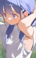 1girl adjusting_hair armpits blue_eyes blush breasts covered_erect_nipples hair_ornament hands_up hayakawa_sena_(pei_iriya) highres long_hair original pei_iriya petite purple_hair shirt short_sleeves sideboob solo t-shirt twintails white_shirt