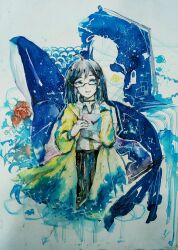 1girl abstract_background ahoge black-framed_eyewear black_choker black_hair black_skirt blue_hair buttons choker coat collared_shirt cropped_legs envelope flower glasses happy heart highres holding holding_envelope hood hood_down hooded_coat kong_tiao_bo_zi letter long_hair long_sleeves looking_at_viewer love_letter miniskirt multicolored_hair open_clothes open_coat original painting_(medium) photo_(medium) planet planetary_ring pleated_skirt raincoat red_flower shirt skirt solo stairs streaked_hair swept_bangs traditional_media watercolor_(medium) white_shirt yellow_coat yellow_raincoat