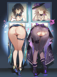 ! !! 2girls absurdres anus ass baobao771100 bent_over black_hair black_hat black_shoes boots brown_hair brown_pantyhose commentary_request dress faceless faceless_female from_behind glory_wall hat heart herta_(honkai:_star_rail) high_heel_boots high_heels highres honkai:_star_rail honkai_(series) immobilization kneepits lower_body multiple_girls no_panties pantyhose photo_(object) pumps purple_boots purple_dress pussy restrained ruan_mei_(honkai:_star_rail) shoes spoken_exclamation_mark stuck the_herta_(honkai:_star_rail) thigh_gap thigh_strap through_wall torn_clothes torn_pantyhose trembling uncensored witch_hat