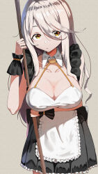 1girl absurdres alternate_costume apron bare_shoulders black_dress black_wrist_cuffs blonde_hair breasts brown_background cleavage collarbone commentary cowboy_shot detached_collar dress enmaided frilled_dress frilled_wrist_cuffs frills hair_between_eyes highres holding jyuunen-kun large_breasts long_hair looking_at_viewer maid maid_apron make_heroine_ga_oo_sugiru! shikiya_yumeko sidelocks simple_background solo white_apron wrist_cuffs yellow_eyes