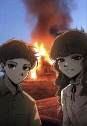 1boy 1girl backlighting black_ribbon blue_sky brown_eyes brown_hair burning burning_building closed_mouth fear_&amp;_hunger_(series) fear_&amp;_hunger_2:_termina frilled_shirt_collar frills green_jumpsuit grin hashtag-only_commentary jumpsuit k_wan_g_03 levi_(fear_&amp;_hunger) long_hair looking_at_viewer marina_(fear_&amp;_hunger) mouth_piercing neck_ribbon photo_background ribbon shirt short_hair sky smile upper_body white_shirt