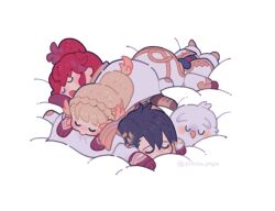 2boys 2girls alfonse_(fire_emblem) animal anna_(fire_emblem) belt bird blonde_hair blue_hair blush bong braid cape closed_eyes commentary feh_(fire_emblem_heroes) fire_emblem fire_emblem_heroes gloves hood hooded_jacket jacket kiran_(fire_emblem) leather leather_gloves long_hair lying_on_person multiple_boys multiple_girls mushi_rags nintendo open_mouth owl ponytail red_hair sharena_(fire_emblem) short_hair sleeping