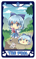 Rule 34 | 1girl, blue bow, blue eyes, blue hair, blue sky, bow, card (medium), cirno, cliff, cloud, colonel aki, day, dress, food, hair bow, heart, holding, holding food, holding popsicle, ice, ice wings, mountainous horizon, neck ribbon, outdoors, paper, pinafore dress, popsicle, ribbon, shirt, short hair, sidelocks, sky, sleeveless, sleeveless dress, tarot, tarot (medium), test score, the fool (tarot), tongue, tongue out, touhou, walking, white shirt, wings, yukkuri shiteitte ne