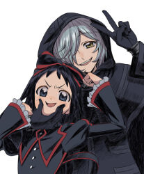 Rule 34 | 2girls, black cape, black eyes, black gloves, black hair, bow, buttons, cape, forced smile, frilled sleeves, frills, gloves, grey hair, gyubid, hair bow, hair over one eye, hand up, hood, hood up, juliet sleeves, kuromajo-san ga tooru!!, kurotori chiyoko, long sleeves, looking at viewer, multiple girls, puffy sleeves, short bangs, short hair, simple background, smile, upper body, v, v-shaped eyebrows, white background, yellow eyes, yoko.u