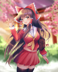1girl 2019 adapted_costume bag black_thighhighs blurry blurry_background bow breasts brown_eyes brown_hair cowboy_shot dated day female_focus floating_hair frilled_bow frilled_hair_tubes frills hair_between_eyes hair_bow hair_tubes hakurei_reimu holding holding_bag kevn large_breasts long_hair long_sleeves looking_at_viewer miniskirt neckerchief outdoors pleated_skirt red_bow red_serafuku red_shirt red_skirt sailor_collar school_bag school_uniform serafuku shirt signature skirt solo standing thighhighs torii touhou very_long_hair white_sailor_collar yellow_neckerchief zettai_ryouiki