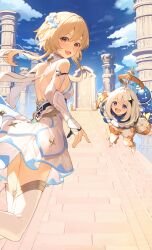 2girls :d akae_neo backless_dress backless_outfit bare_shoulders black_gloves blonde_hair blue_sky boots breasts brown_eyes cloud commentary_request day dress flower genshin_impact gloves hair_between_eyes hair_flower hair_ornament halo highres long_hair long_sleeves looking_at_viewer looking_back lumine_(genshin_impact) medium_breasts multiple_girls open_mouth outdoors paimon_(genshin_impact) partially_fingerless_gloves pillar pointing puffy_long_sleeves puffy_sleeves purple_eyes romper sky smile thigh_boots white_boots white_dress white_flower white_hair